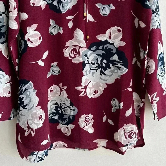 Mud Pie Floral Tunic with V-Neck Lace Up, Wine Berry Color Blouse, Size Small - Picture 4 of 16